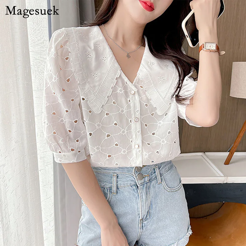 

2021 Summer Hollow Out Sweet Tops Solid Doll Collar Women's Chiffon Blouse Short Sleeve Casual Floral Button Shirt Blusas 14194