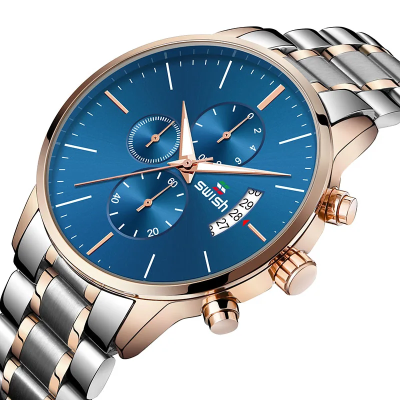 SWISH бренд полный стальной Бизнес Кварцевые часы мужские водонепроницаемые часы 24 часа Дата наручные часы+ коробка