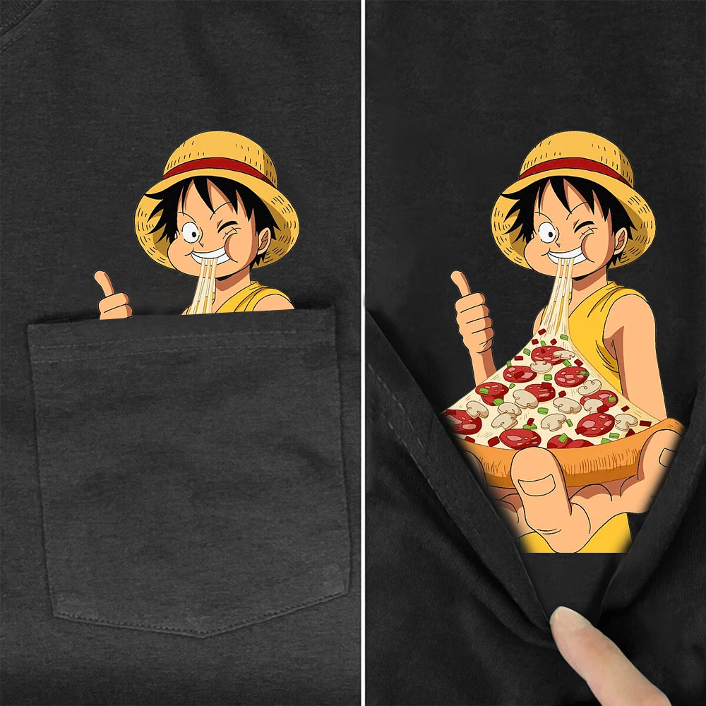 Аниме Обезьяна · D Luffy забавная хлопковая Футболка с карманом Eat пицца печатная