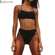 Одноцветный кружевной топ с бретельками на шее, Одноцветный твердый раздельный купальник бикини, Женский комплект из 2 предметов, купальный костюм