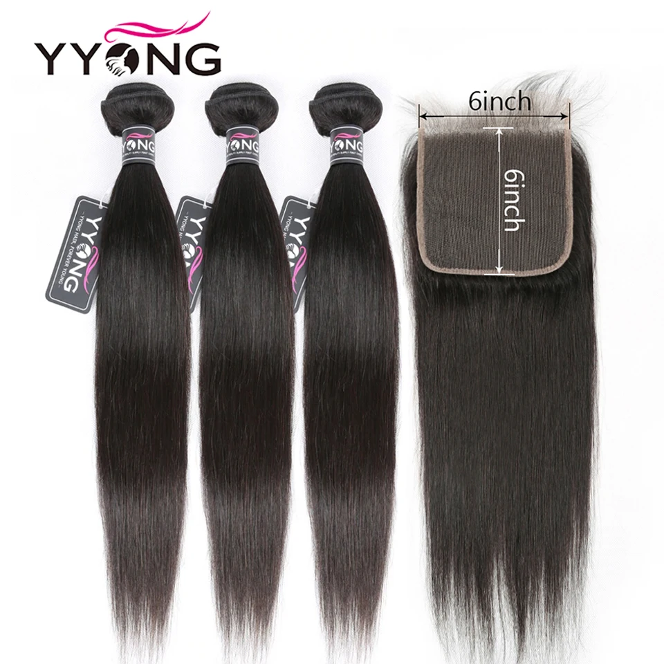 Mèches péruviennes naturelles Remy – Yyong, cheveux lisses, avec Lace Closure, 6x6, 8-30 pouces, Lot de 4 pièces