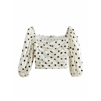 

2020 Women Spring And Summer Elegant retro short Polka Dot Shirt Square collar Bubble Sleeve Top Shirt