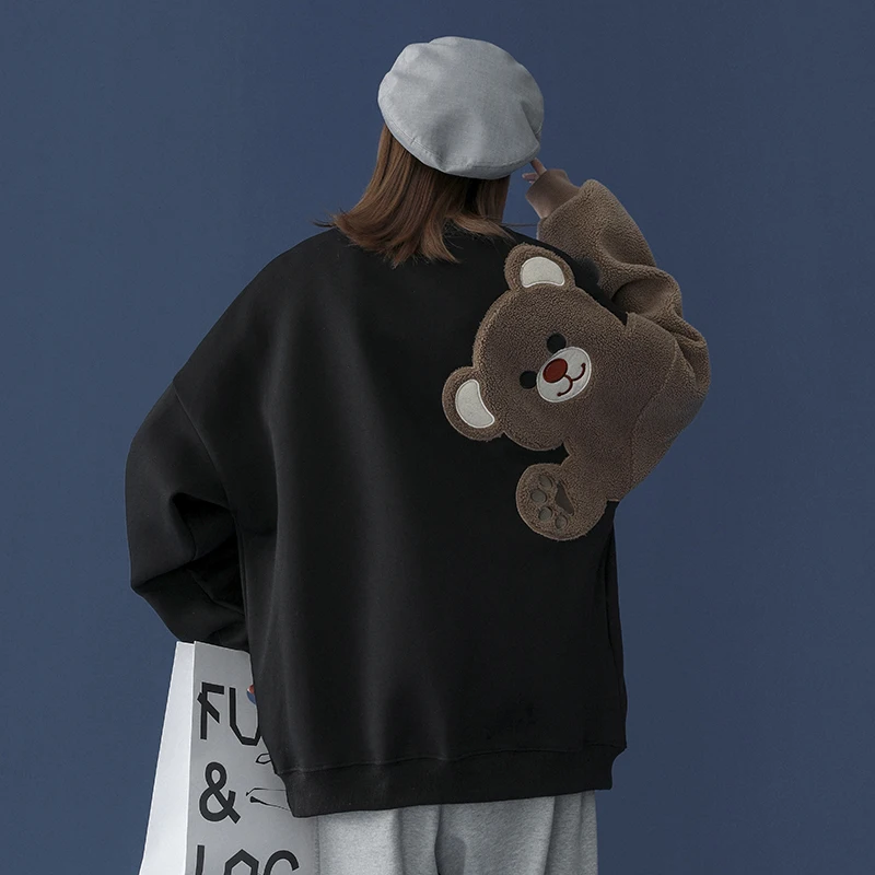 

Woman Embroidered Bear Printed Hoodie Thicken Warm Sweatshirts 2023 Fashion Korean Streetwear Male Clothing