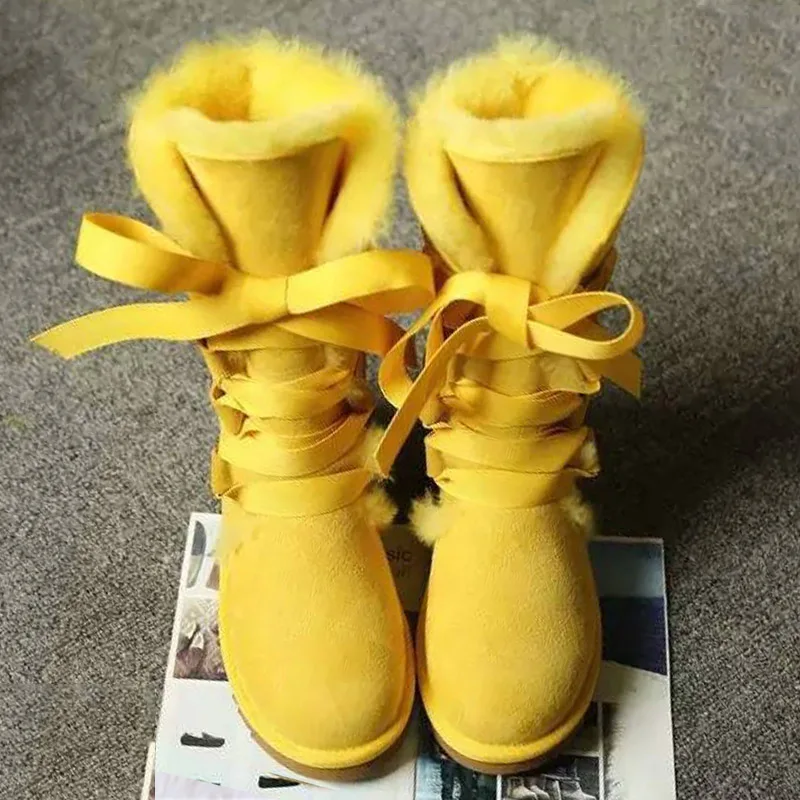 

UVWP Fashion High Snow boots Women boots 100% Genuine Sheepskin Leather Lace up Long boots Natural Fur Warm Wool Winter Boots