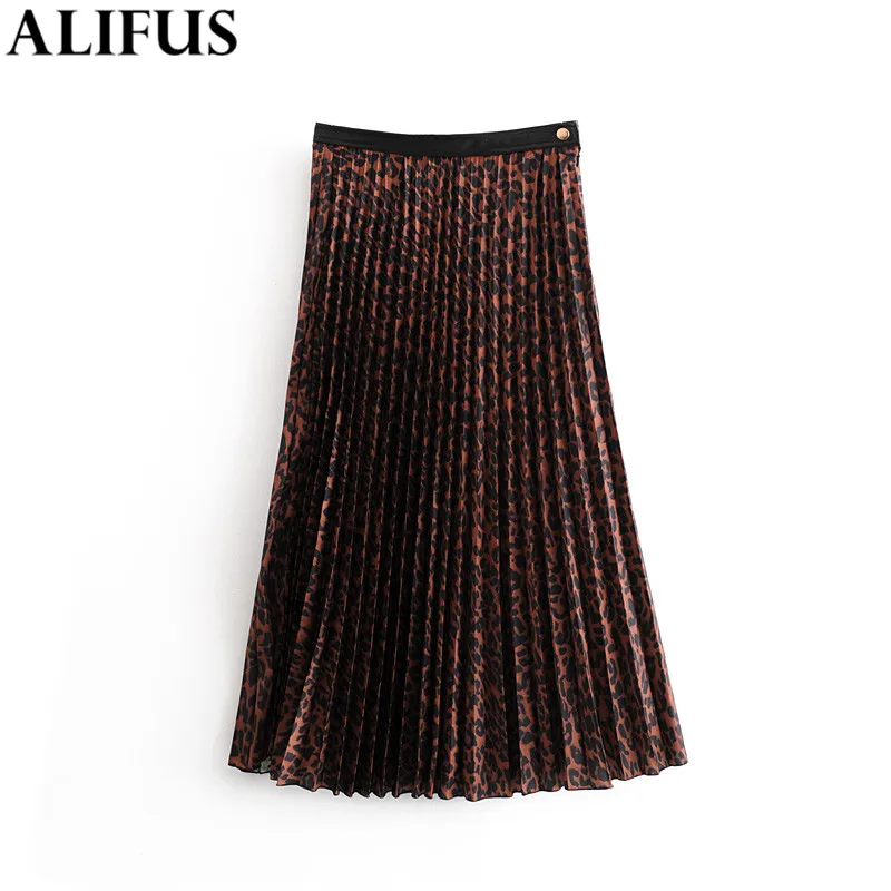 Fashion Za Women Skirt 2019 Vintage Leopard Print Pleated Skirts Elastic High Waist PU Leather Patchwork Chic Mid Calf Ladies |