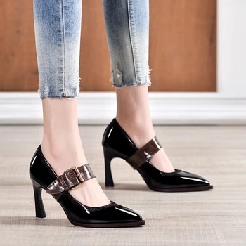 

new brand genuine cow leather women pumps sexy high heels pointed toe black white office ladies dress party pumps plus size 43