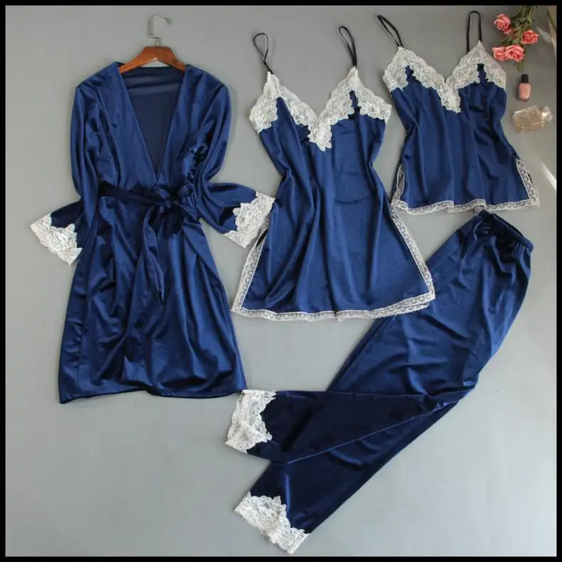 Кружевной комплект из 4 предметов, бархатное платье-кимоно, Женская домашняя одежда, сексуальные подтяжки, одежда для сна, Зимний халат для невесты, подружки невесты, Свадебный Халат - Цвет: Синий