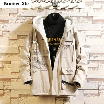 

Winter New Jacket Men Thick Warm Fashion Letter Print Multi-pocket Hooded Coat Man Streetwear Hip-hop Loose Tooling Jacket M-5XL