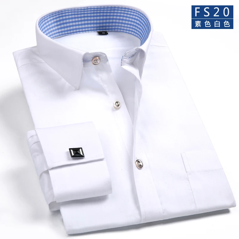 Мужская классическая Однотонная рубашка с французскими манжетами, формальная деловая Стандартная рубашка с длинными рукавами(запонки в комплекте - Цвет: 20