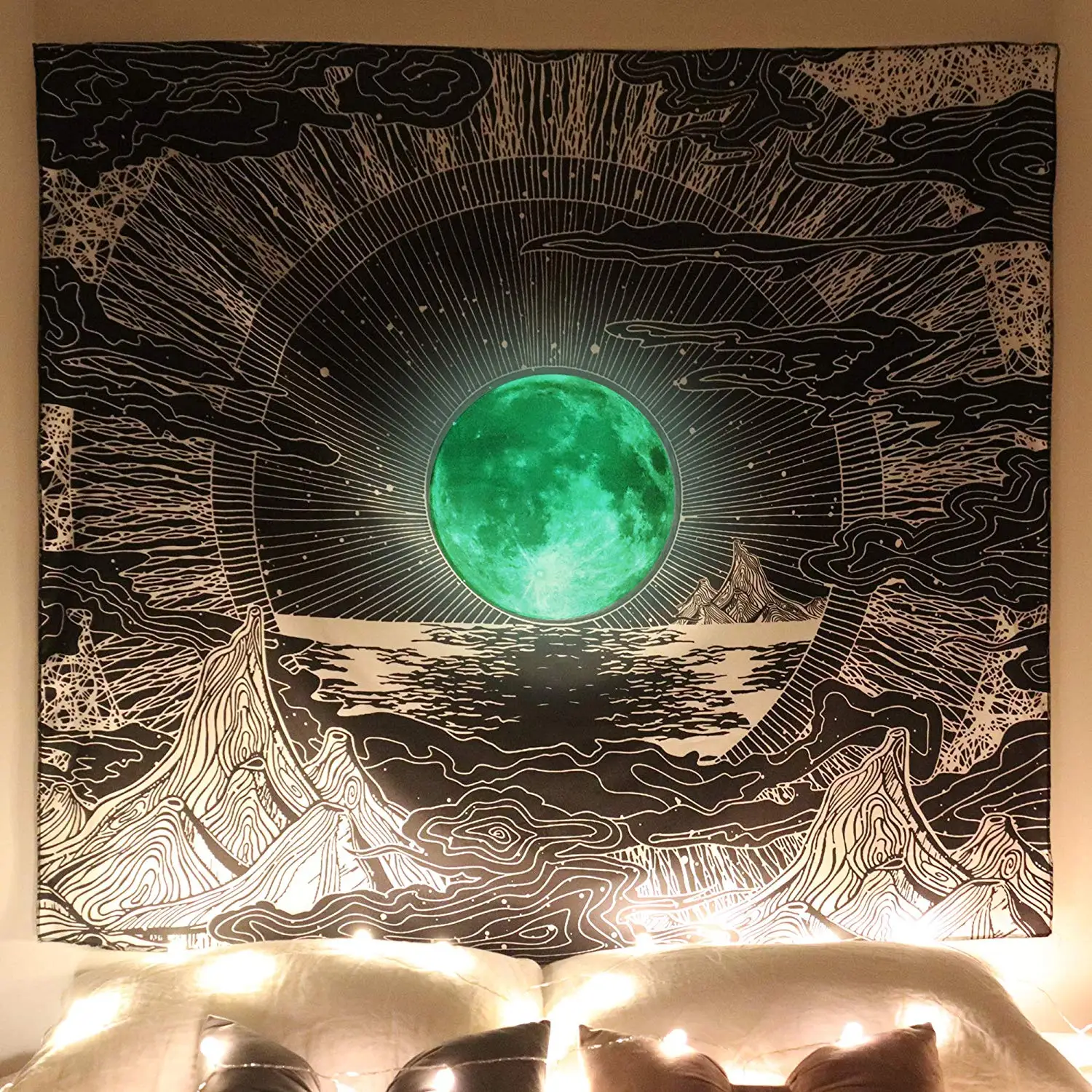

Glow Moon and Star Wall Hanging Black and White Clouds Mountain Tapestries for Bedroom Room Dorm Decor