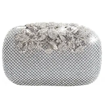 

NEW-Unique Clasp Silver Diamante Crystal Diamond Evening bag Clutch Purse Party Bridal Prom