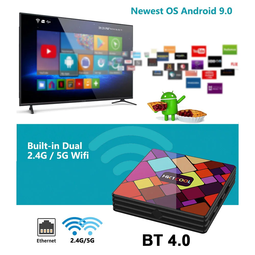HK1 классный Android 9,0 tv Box 2,4G/5G WiFi и 100M LAN 4K H.265 VP9 декодирование HD медиаплеер RK3318 Четырехъядерный 4 Гб ram/64 Гб rom