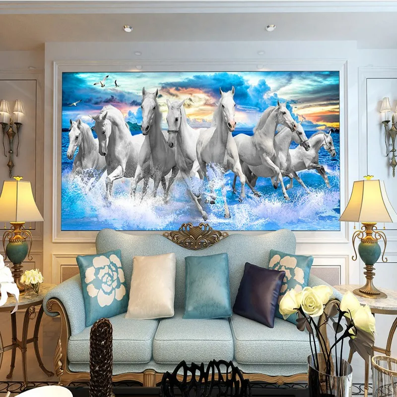 

Drop Ship Photo Wallpaper Spectacular Eight Horses Blue Sea Custom Mural Living Room Decoration Background 3d Wallpaper