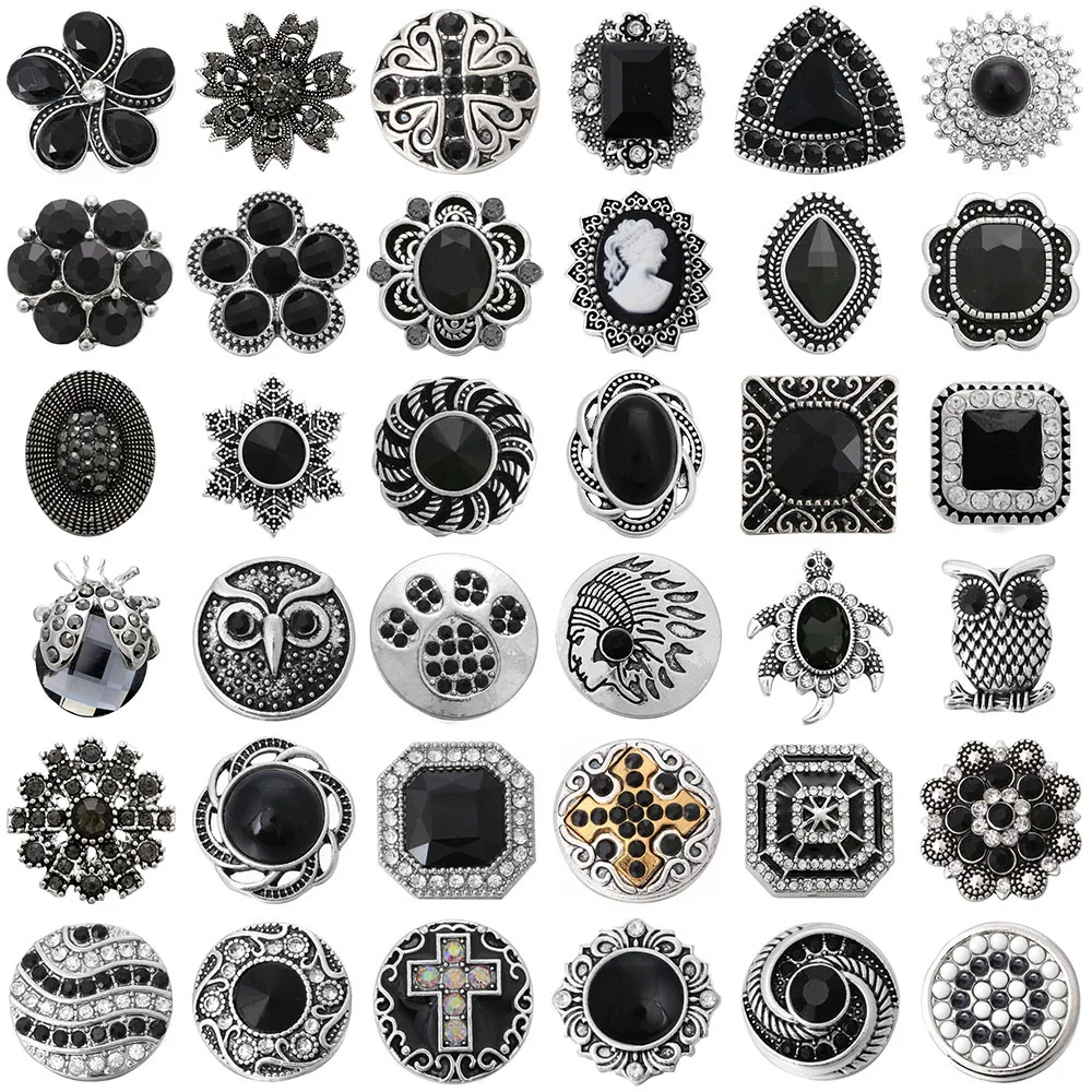 5pcs/lot Black Snap Jewelry Fashion Rhinestone Flower 18mm Snap Buttons For 18mm Leather Button Bracelet