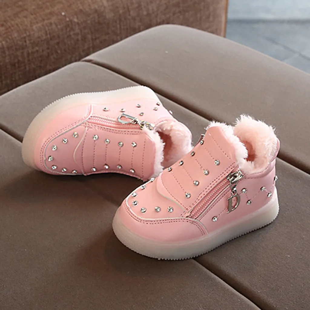MUQGEW/модный светильник ботинок с подсветкой; детская обувь для маленьких девочек; бархатные зимние теплые ботинки; короткие ботинки на молнии с кристаллами; Wy6