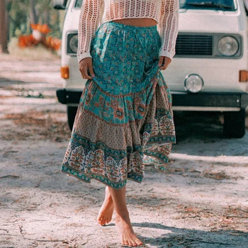

Jastie Vintage Floral Print Skirt Casual Drawstring Elastic Waist Midi Skirt Boho Hippie Chic Beach Skirts mujer faldas Bottom