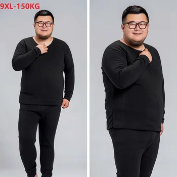 

plus size winter men thick fleece Tops and pants Thermal Leggings Bottoms tshirt cotton fleece suit warm underwear oversize red