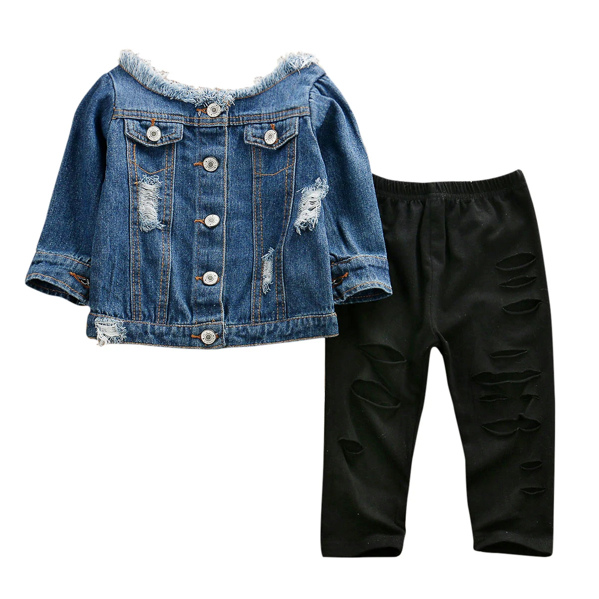 Коллекция года, Брендовые джинсовые топы с открытыми плечами для маленьких девочек, куртка+ штаны с прорезями осенний комплект одежды, новая модная одежда для малышей