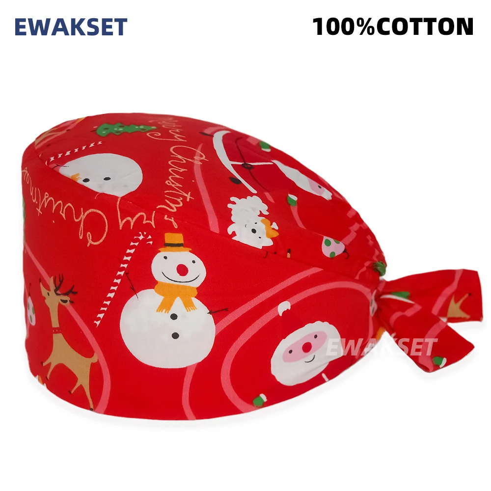 100%Cotton Nursing Hat Scrub Dental Cap Laboratory Pet Shop Medical Surgeon Spa Nurse Adjustable Scrubs Caps Christmas Printed