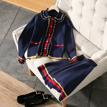

Spring Women Knitted Two Piece Set 2020 Elegant Ruffles Buttons Cardigan+Mini Skirt Two Piece Outfits