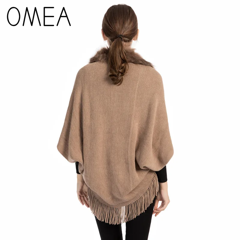 OMEA Fur Collar Poncho Women Winter Knitted Pullover Poncho with Tassel Women Shawl Solid Color Female Ponchos and Capes Ladies