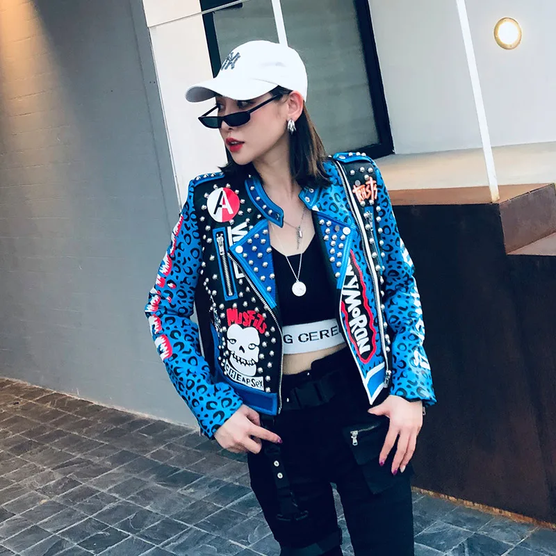 Autumn Fashion Graffit Print Rivet PU 