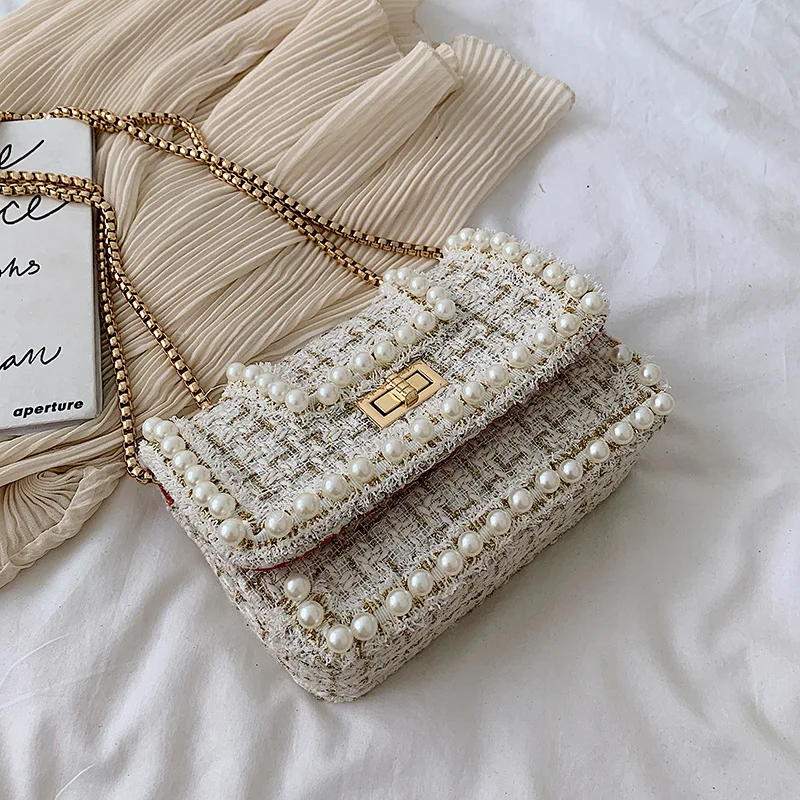 

aristocratic Lady small luxury fragrant pearl trim weave style fashion sweet temperament bolsa feminina shoulder bag