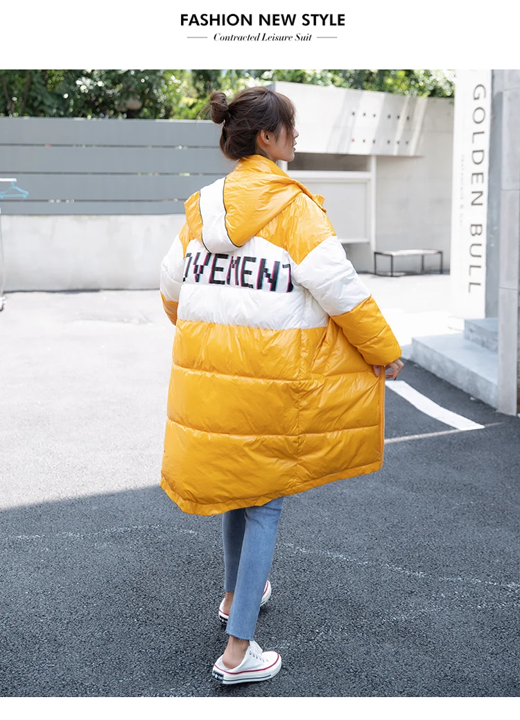 Зимняя новая глянцевая куртка Женская корейская мода с буквенным принтом подходящая по цвету Повседневная свободного размера плюс с капюшоном теплая пуховая хлопковая куртка 271
