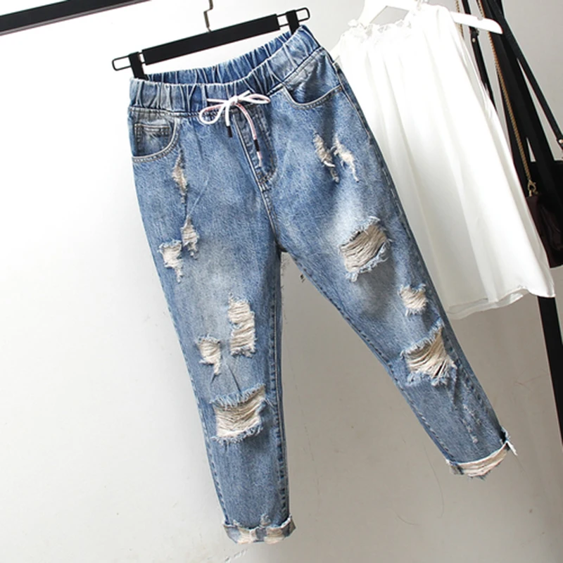 Summer New Korea Fashion Women Ripped Jeans Plus Size Elastic waist Vintage Loose Blue Jeans Casual Denim Harem Pants S510 Summer New Korea Fashion Women Ripped Jeans Plus Size Elastic waist Vintage Loose Blue Jeans Casual Denim Harem Pants S510