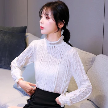 

COIGARSAM Fashion Lace blouse women New Spring Stretch Stand Neck blusas womens tops and blouses White Black 6205