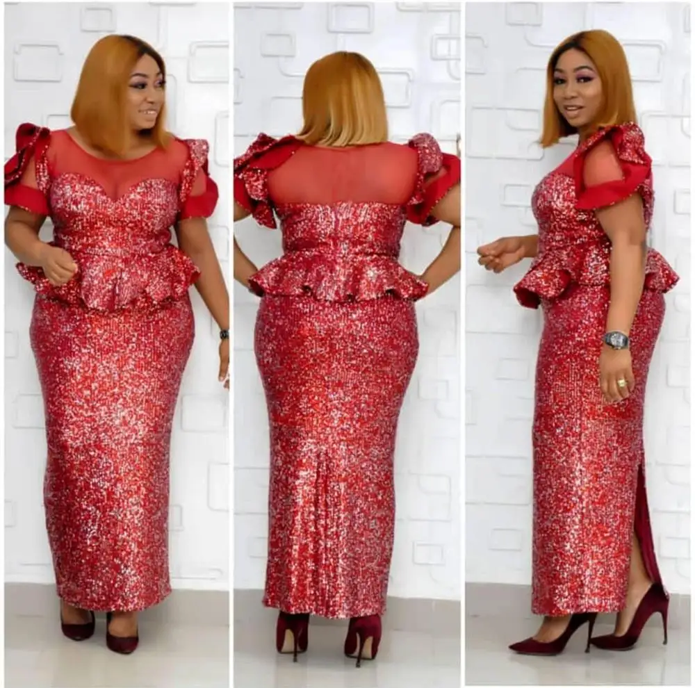 

New style African women's Dashiki Fashion Stretch sequins lotus leaf waist short sleeved round collar patchwork fabric dress XXL