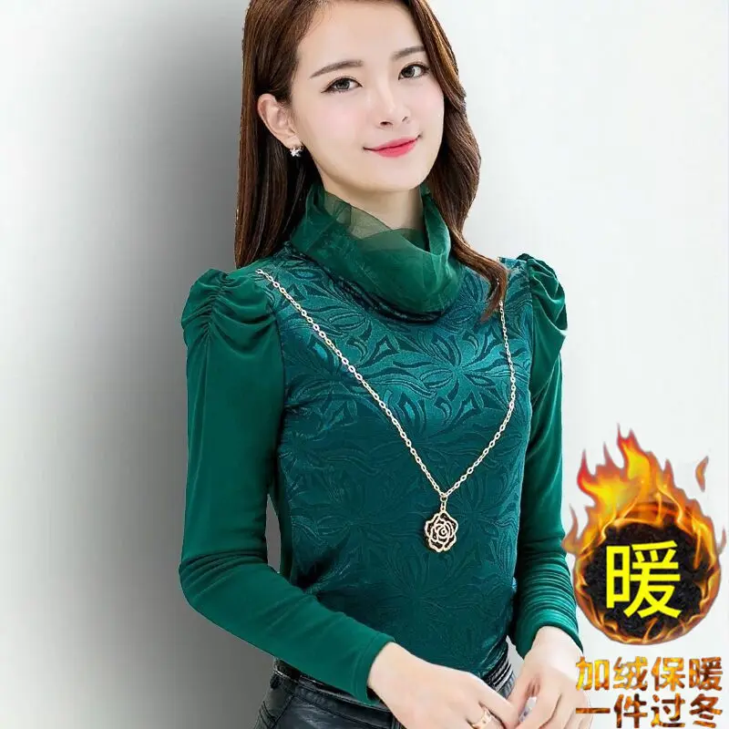 여성용 터틀넥 레이스 셔츠 블라우스, 라지 사이즈 여성복, 가을, 겨울