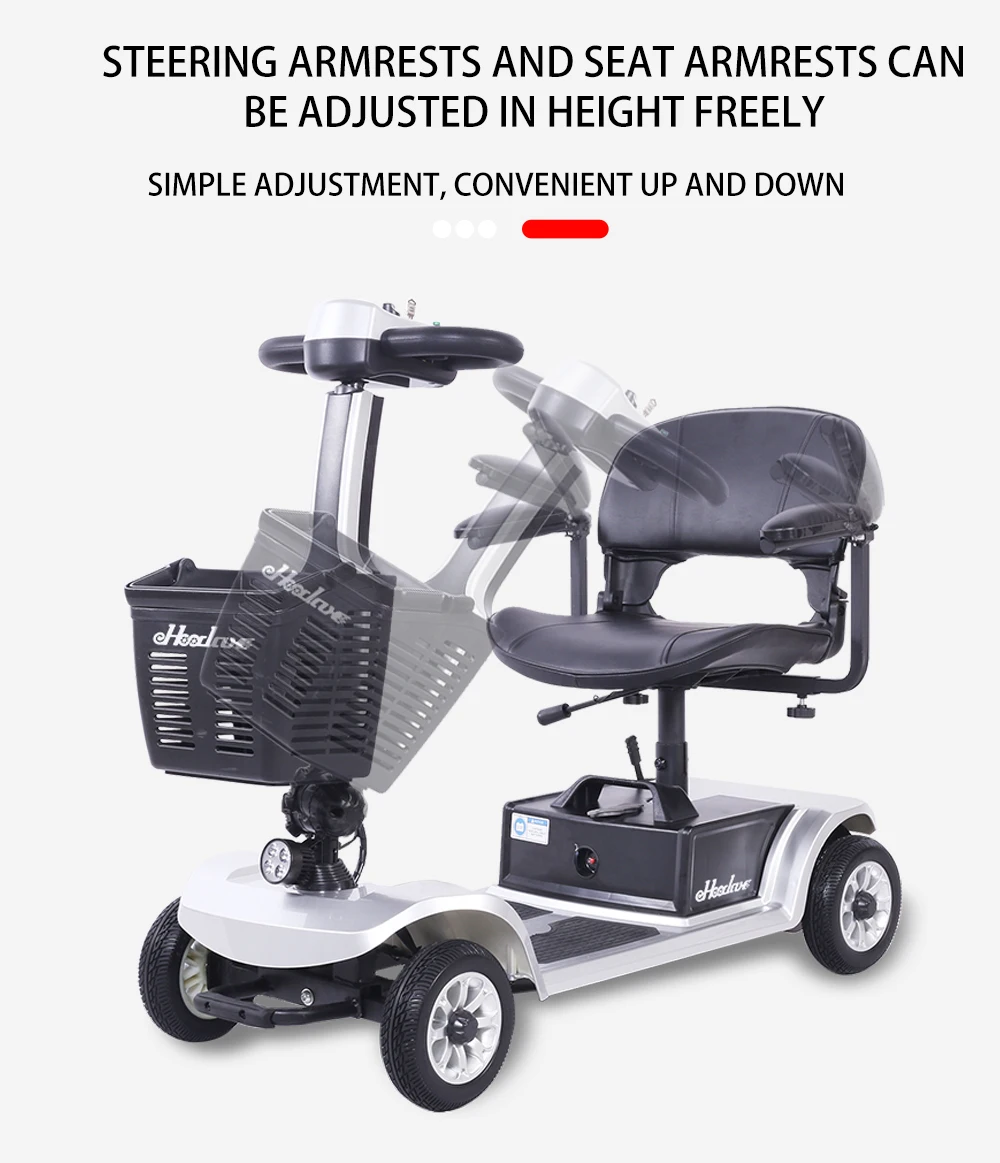 A foldable white scooter with adjustable height steering arms and seat arms, a perfect mobility solution for adults.