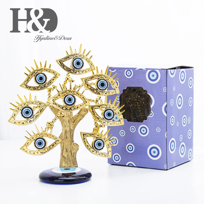 

H&D Blue Evil Eye Tree Gold Figurine Money Fortune Tree Lucky Ornament Decoration for Protection Good Luck Gift Fengshui Liuli