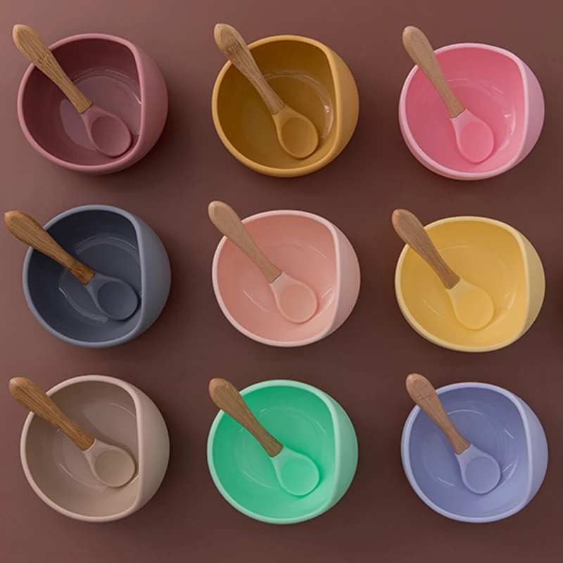 

1set Silicone Baby Feeding Bowl&Spoon Waterproof Tableware Baby Learning Dishes Suction Bowl Sets Wood Spoon Non-Slip Plate