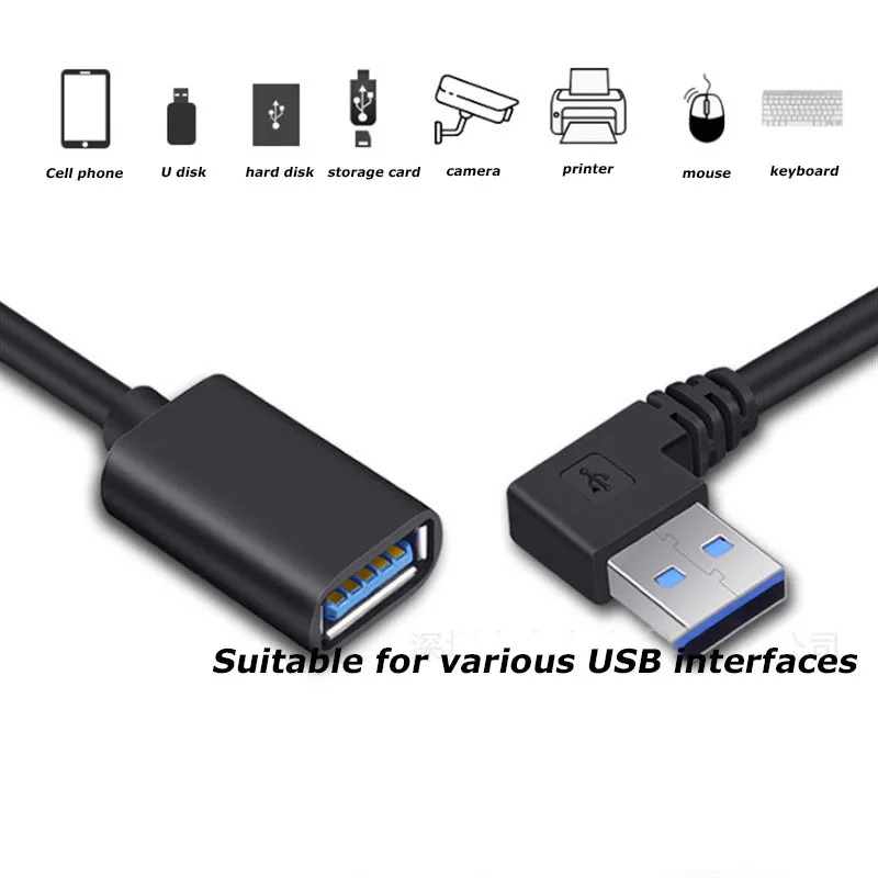 1PCS 0.3M 90 Degree USB 3.0/2.0 Male to Female Adapter Cable Angle Extension Extender 5Gbps Fast Transmission Left/Right/Up/Down