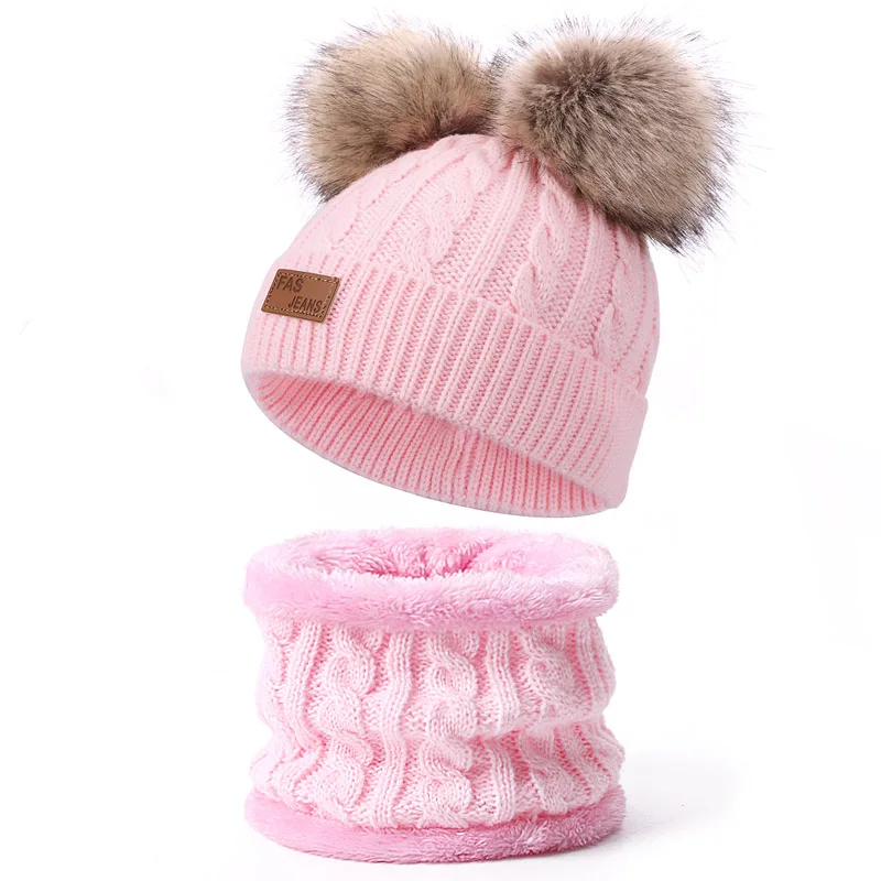 J Детский комплект из шапки и шарфа, зимние однотонные шапочки Skullies с двойным помпоном из искусственного меха, высокое качество, вязаное кольцо для шляпы, шарф, шапка - Цвет: J