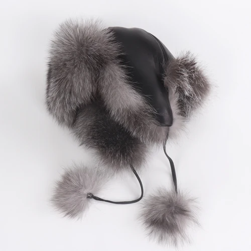 Новая русская Женская Настоящая овчина кожаные кепки зимняя женская теплая шапка из натурального Лисьего меха уличные женские настоящие меховые шапки-бомберы - Цвет: grey