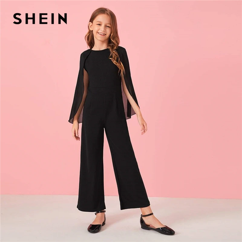 

SHEIN Kiddie Black Solid Cloak Sleeve Girls Party Jumpsuit Kids 2019 Autumn High Waist Wide Leg Zipper Back Glamorous Jumpsuits