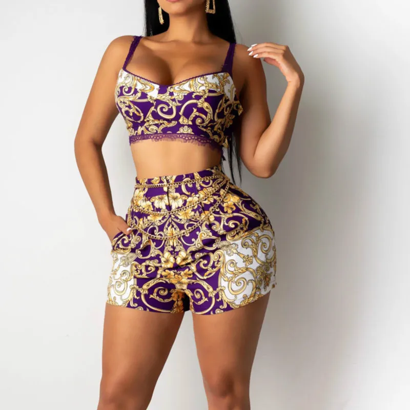 matching lounge set Fashion Print Cami Top & Short Sets Summer 2 Piece Outfits for Women Sexy V Neck Thick Strap Crop Tops and High Waist Shorts Set tie dye tracksuit set