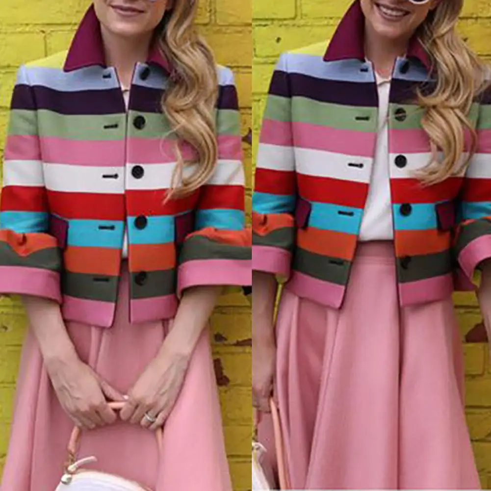 

Autumn Rainbow Stripes Jackets Women Elegant Turn-Down Collar 3/4 Petal Sleeve Coat Office Lady Casual Cute Single-Breast Jacket
