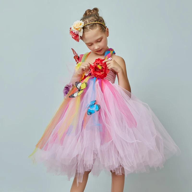 Flower Girl Fancy Princess Tutu Dress Fairy Wedding Bridesmaid Tulle Dress Kids Birthday Party Pageant Formal Graduation Costume (8)