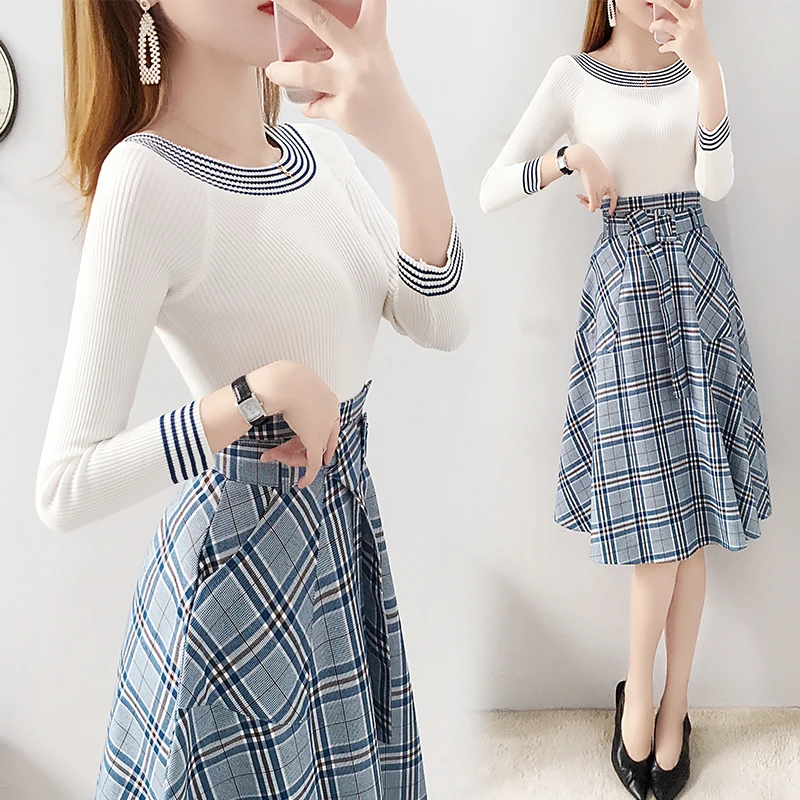

Plaid Top And Skirt Clothes For Women Two Piece Set Vogue Women's Suit Ensemble Femme Survetement Year-old Female Costume