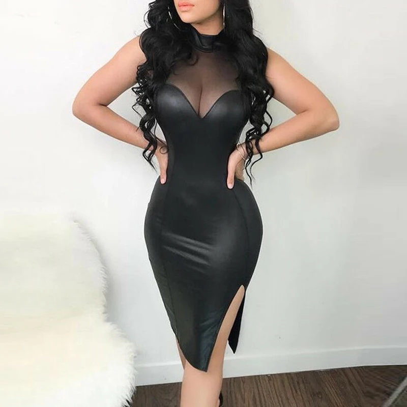 

2019 Fashion Women Leather Dress Elegant Slim Sexy Stitching Splits Sleeveless Dress C vestidos sexy mujer
