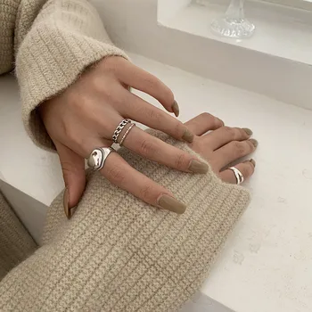 

925 Sterling Silver High Polish Love Heart Thai Silver Ring Double Layer Lock Chain Open Finger Ring Trend AccessoriesS-R643