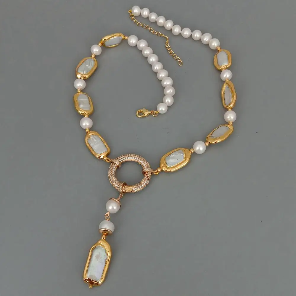Y · YING, Пресноводный Культивированный белый жемчуг, прямоугольный круглый жемчуг, Y-образное ожерелье 18,5 дюйма