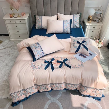 

Summer European Bedding Sets Queen King Size tencel Bedlinens embroidery Duvet Cover Bedsheet Pillow Cases