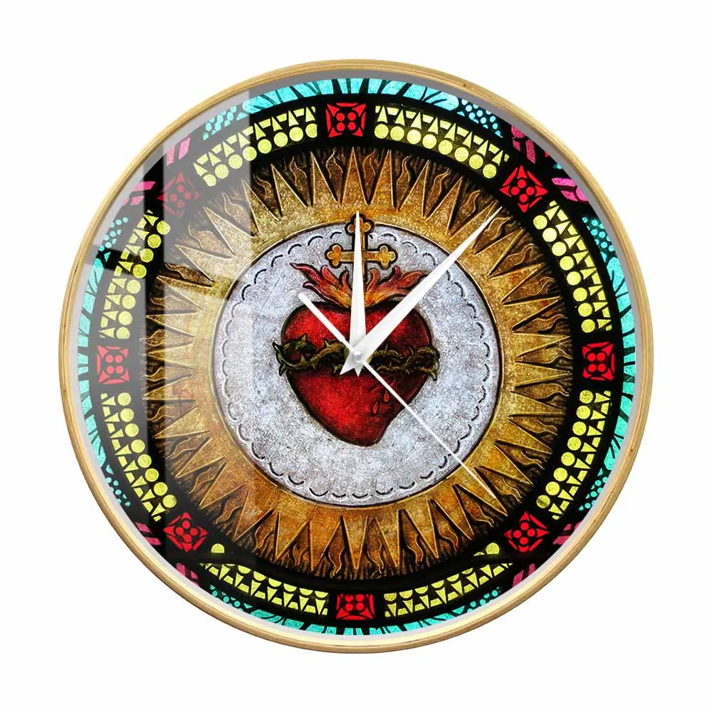 Sacred Heart Silent Non Ticking Wall Clock For Catholic Church Prayer Cross Crown Of Thorns