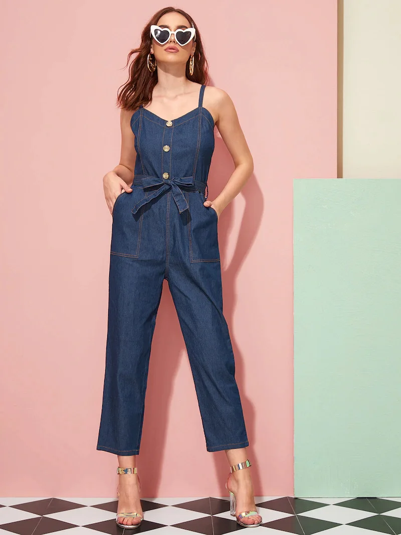 

Summer New Style WOMEN'S Dress Versatile Casual Mid-length Loose Pants Shoulder Strap Jeans Blue Pants