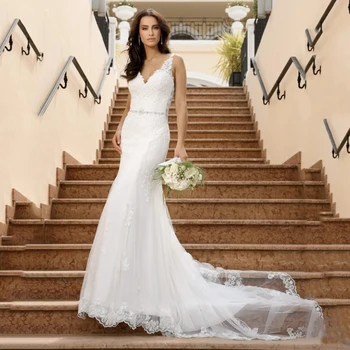 

Boho Mermaid Wedding Dress Double V Neck Lace Train Bridal Dress Appliques Robe De Marriage Wedding Party Gowns Vestido De Novia